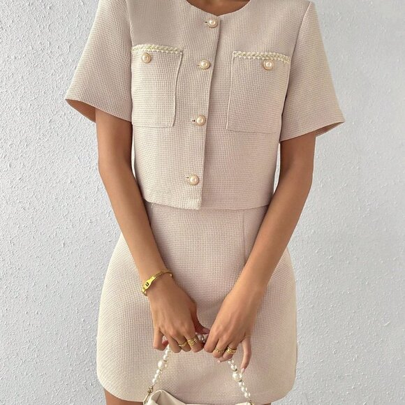 Apricot Preppy Womens Button Front Crop Jacket & Bodycon Skirt - Picture 4 of 5